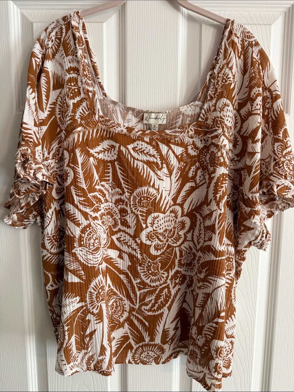 Wonderly White and Rust Floral Scoop Neck Blouse 1x NWT $58 cotton boho fall s70